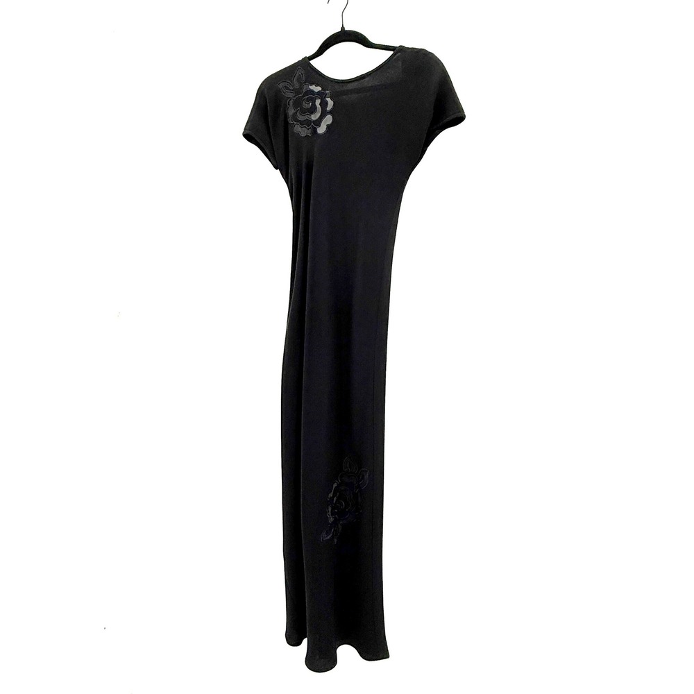Vintage Maxi Dress Women Black Floral Hand-Sewn Translucent Flower Scoop Back